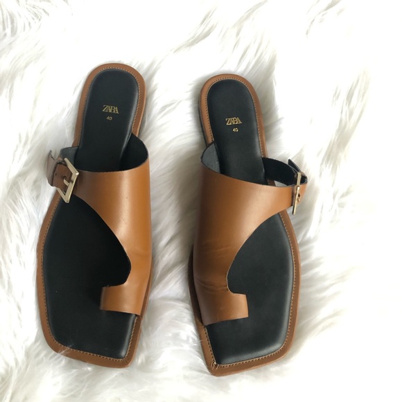 Zara Caramel Sandals Square Slides - Picture 3 of 10